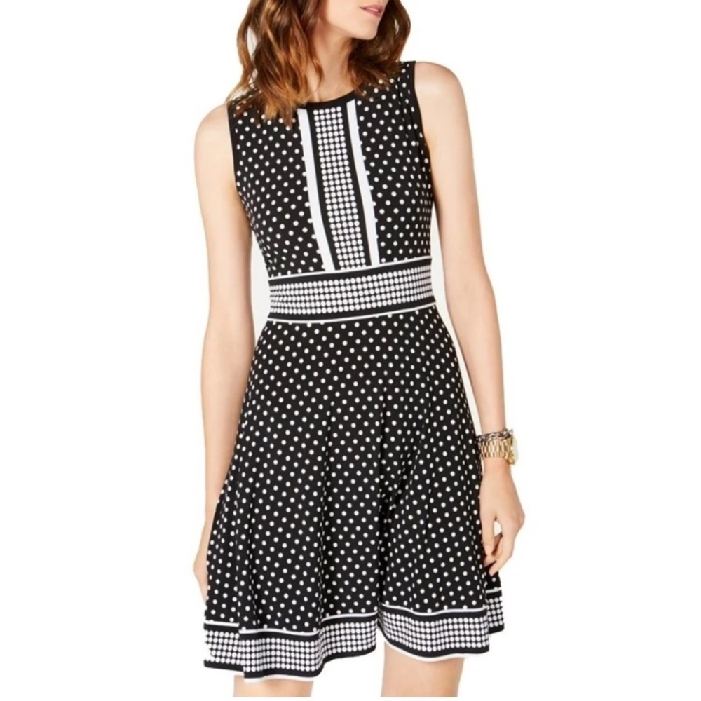 Michael Kors black white polka dot fit and flare sleeveless dress medium petite